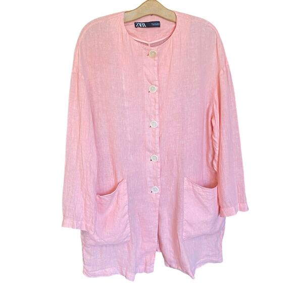 Zara 100% Linen Button Front Tunic Jacket Pink Long Sleeve Pockets Women’s Small - Picture 2 of 9